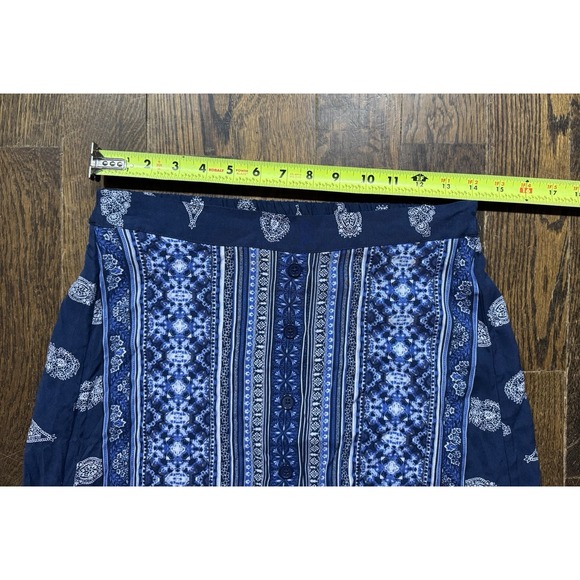 Band Of Gypsies Maxi Skirt Size M Blue White Paisley Pullon Bttn Front Slit NWT - Picture 4 of 8